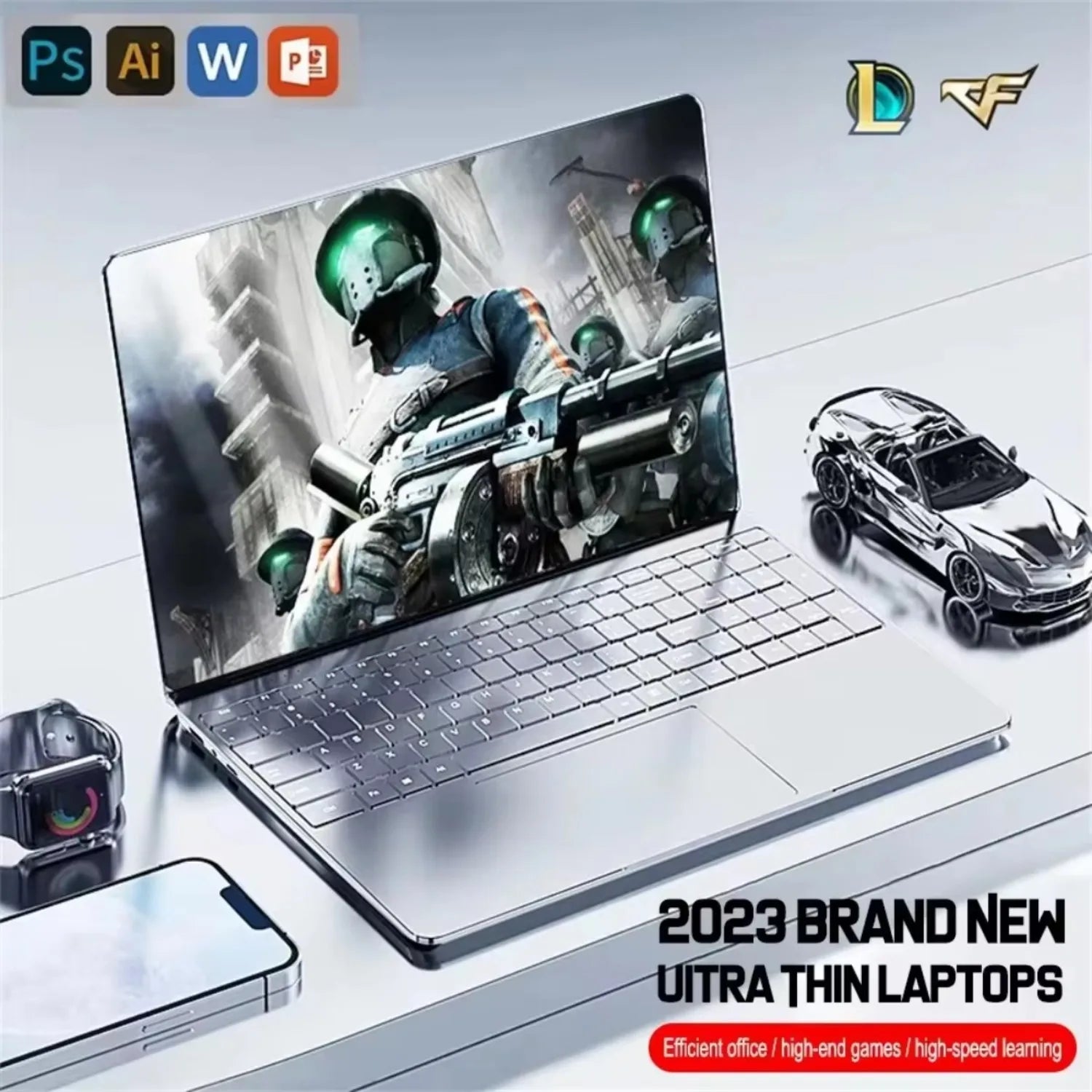 Ultra-thin laptop displaying futuristic soldiers, with a smartwatch, phone, and silver toy car nearby. Icons for Photoshop, Illustrator, Word, PowerPoint. Text: "2023 Brand New Ultra Thin Laptops."