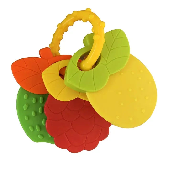 Colorful silicone baby teething toy shaped like fruits, including red raspberry, green strawberry, orange citrus, and yellow lemon, with a yellow ring handle.
