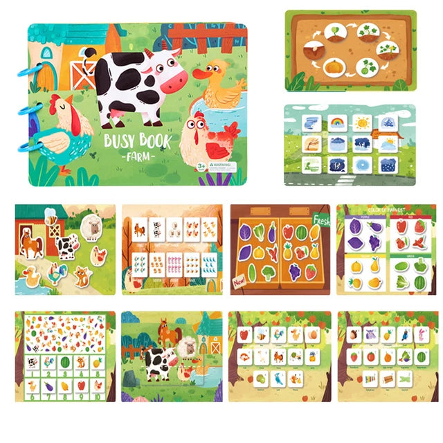 Colorful farm-themed busy book with interactive pages featuring animals, fruits, vegetables, and weather icons designed for children's educational play and learning.