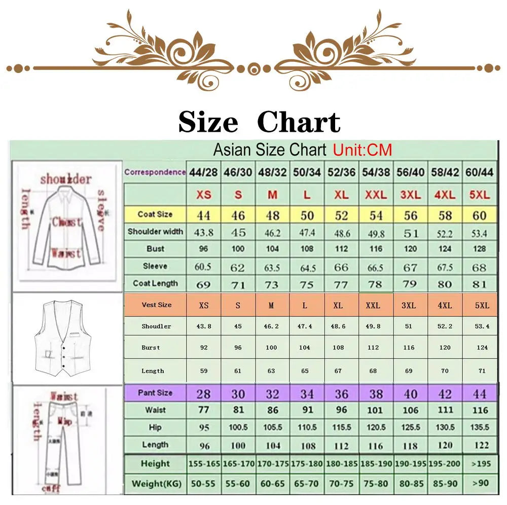 Asian size chart in cm for coats, vests, and pants. Sizes range from XS to 5XL. Includes measurements for shoulder, bust, waist, hip, length, and weight in kg.