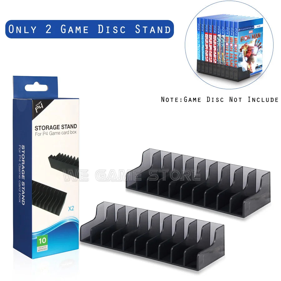 Black storage stand for P4 game discs, holds multiple cases. Includes two stands, ten slots each. Note: Game discs not included. Packaging shown with product image.