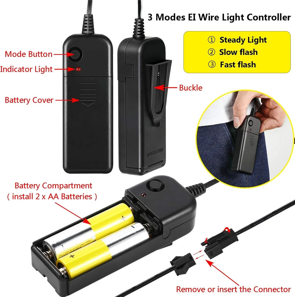 Black EL wire light controller with mode button, indicator light, and belt clip. Features a battery compartment for 2 AA batteries and connector plug. Three modes: steady, slow flash, fast flash.