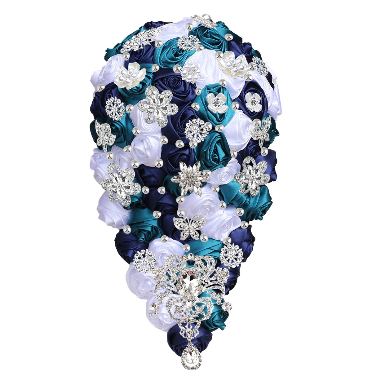Elegant bouquet with navy, teal, and white satin roses, adorned with silver floral brooches and pearls, forming a cascading teardrop shape.
