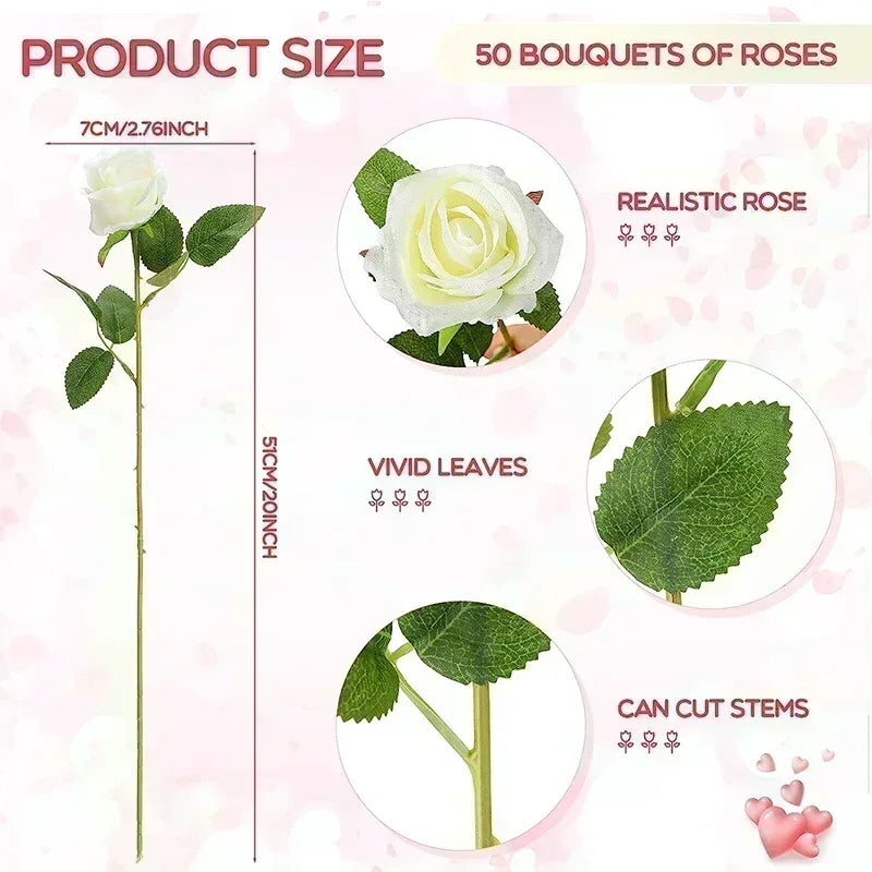 Artificial rose with realistic petals, vivid leaves, and cuttable stems. Size is 51 cm tall and 7 cm wide. Comes in a package of 50 bouquets. Pink background with heart accents.