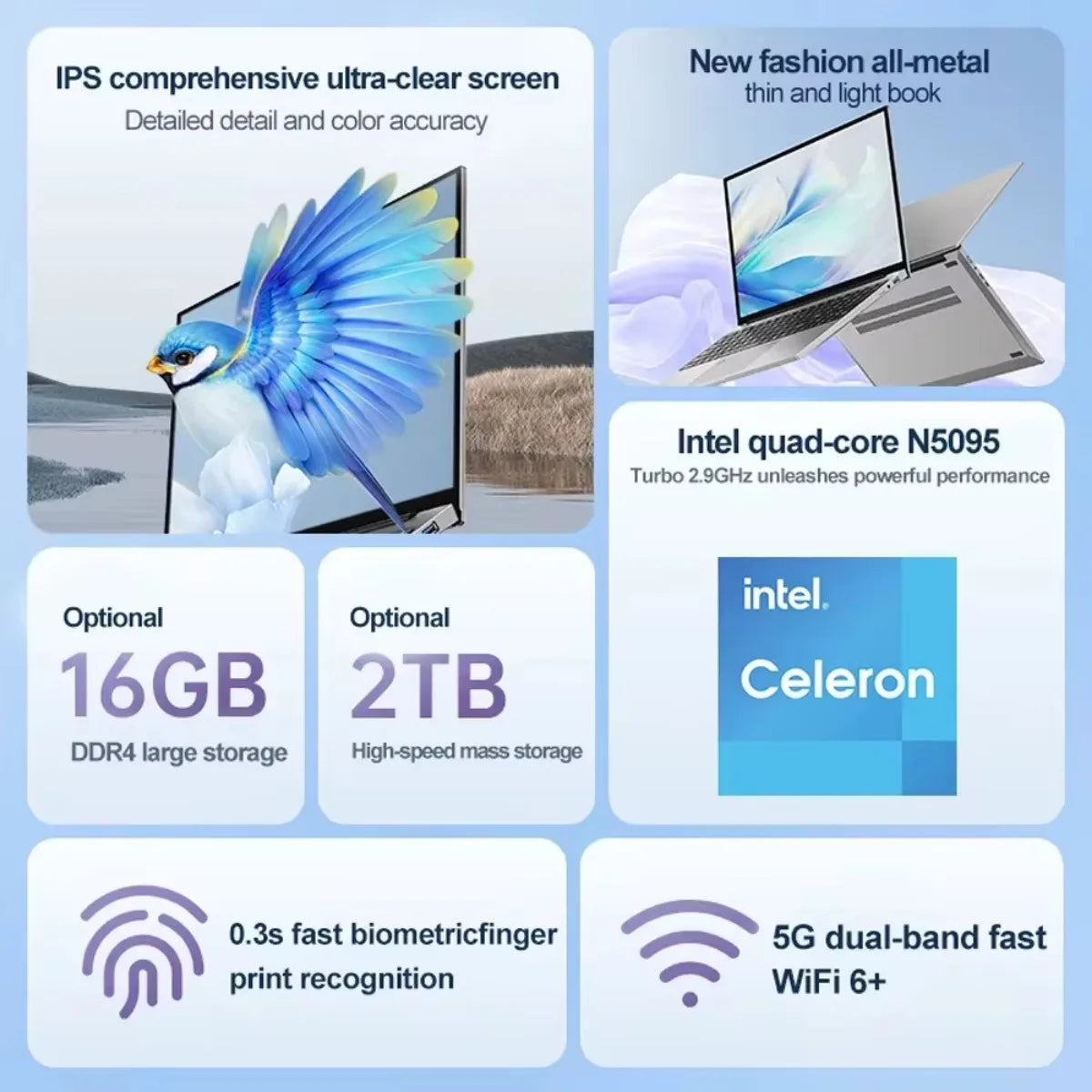 Laptop features include IPS screen, Intel quad-core N5095, 16GB DDR4, 2TB storage, biometric fingerprint recognition, 5G dual-band WiFi 6+, and an all-metal design.