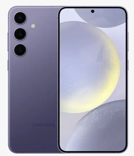 Purple smartphone with triple rear cameras and an LED flash on the left. The screen on the right displays a pastel abstract design.
