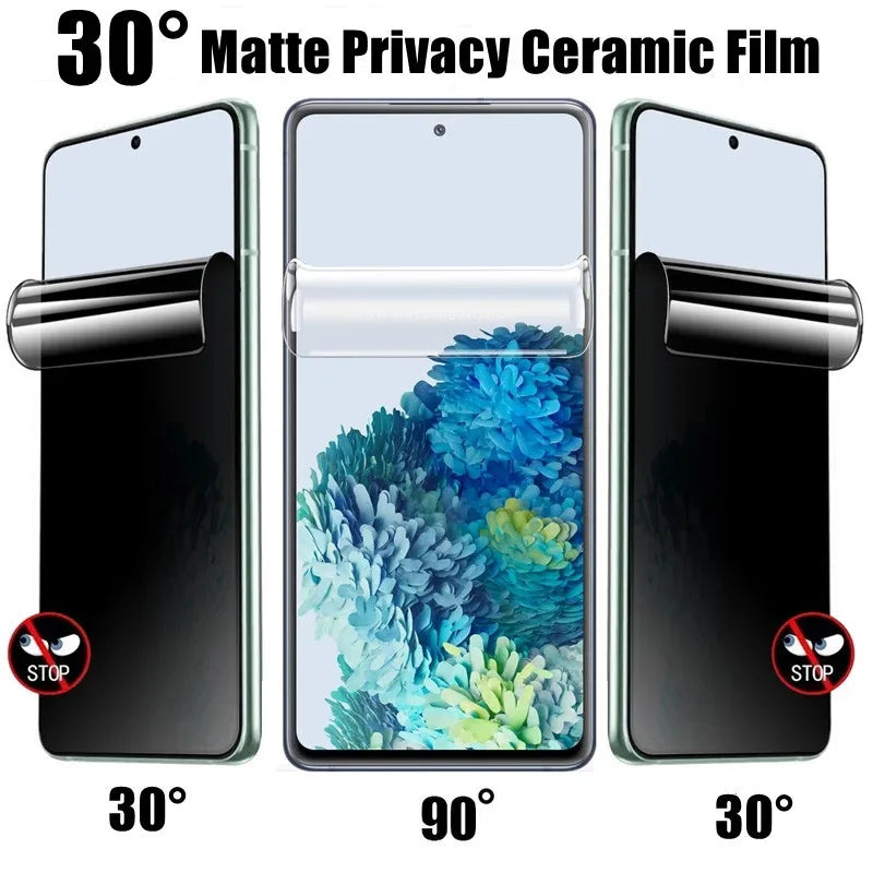 Three smartphones with a matte privacy ceramic film, showing the screen visible from 90° but darkened from 30° angles. "Stop" icons on side views emphasize privacy protection.