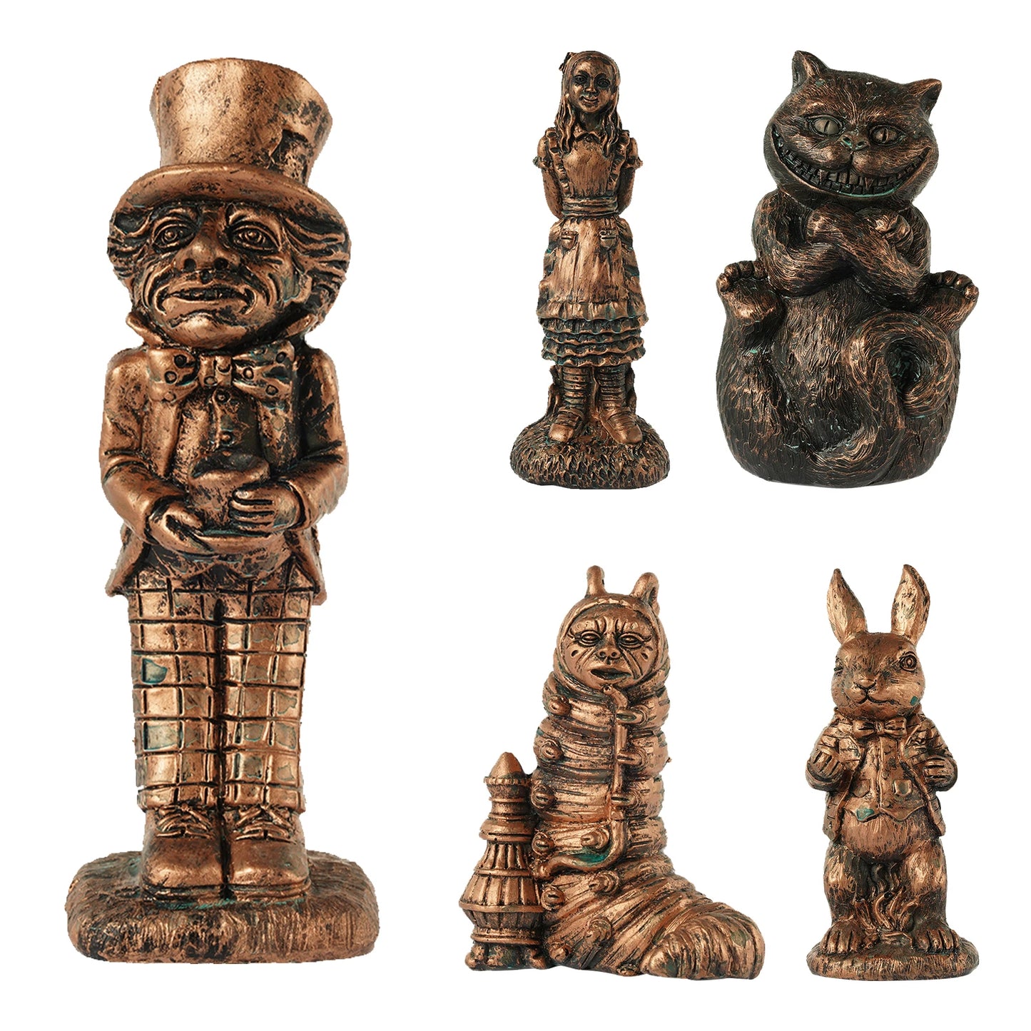 Five bronze figurines featuring whimsical characters, including a top-hat wearer, a girl, a grinning cat, a caterpillar with a pipe, and a rabbit in a suit.