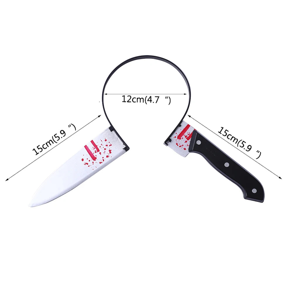 Collapsible prop knife headband with black handle and blade featuring red paint splatters. Measurements: blade 15cm, handle 15cm, and connecting band 12cm.