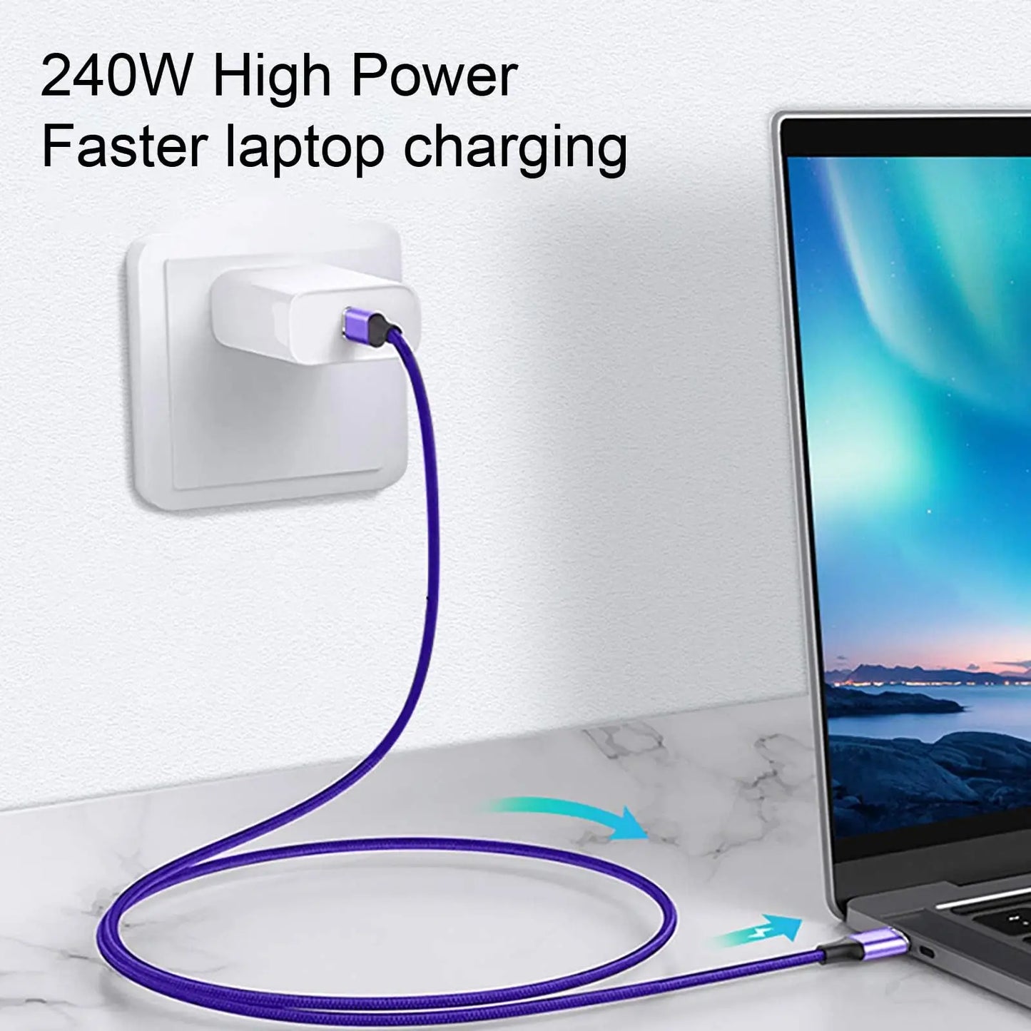 A purple charging cable connects a laptop to a wall outlet. Text reads "240W High Power Faster laptop charging." The laptop screen shows an aurora borealis image.