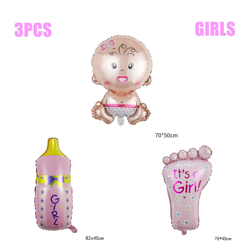 Three pink baby shower balloons: a baby face (70x50 cm), a bottle (82x45 cm) with "Girl" text, and a foot shape (75x45 cm) with "It's a Girl!" text.