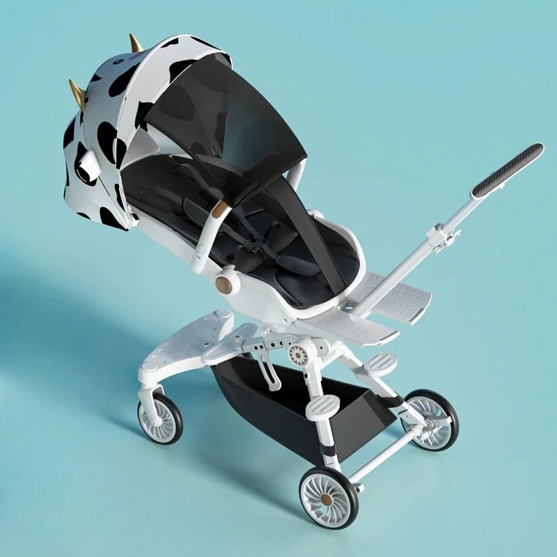 Stylish baby stroller with a cow-patterned canopy featuring gold horns, a sleek white frame, black storage compartment, and adjustable handlebar on a light blue background.