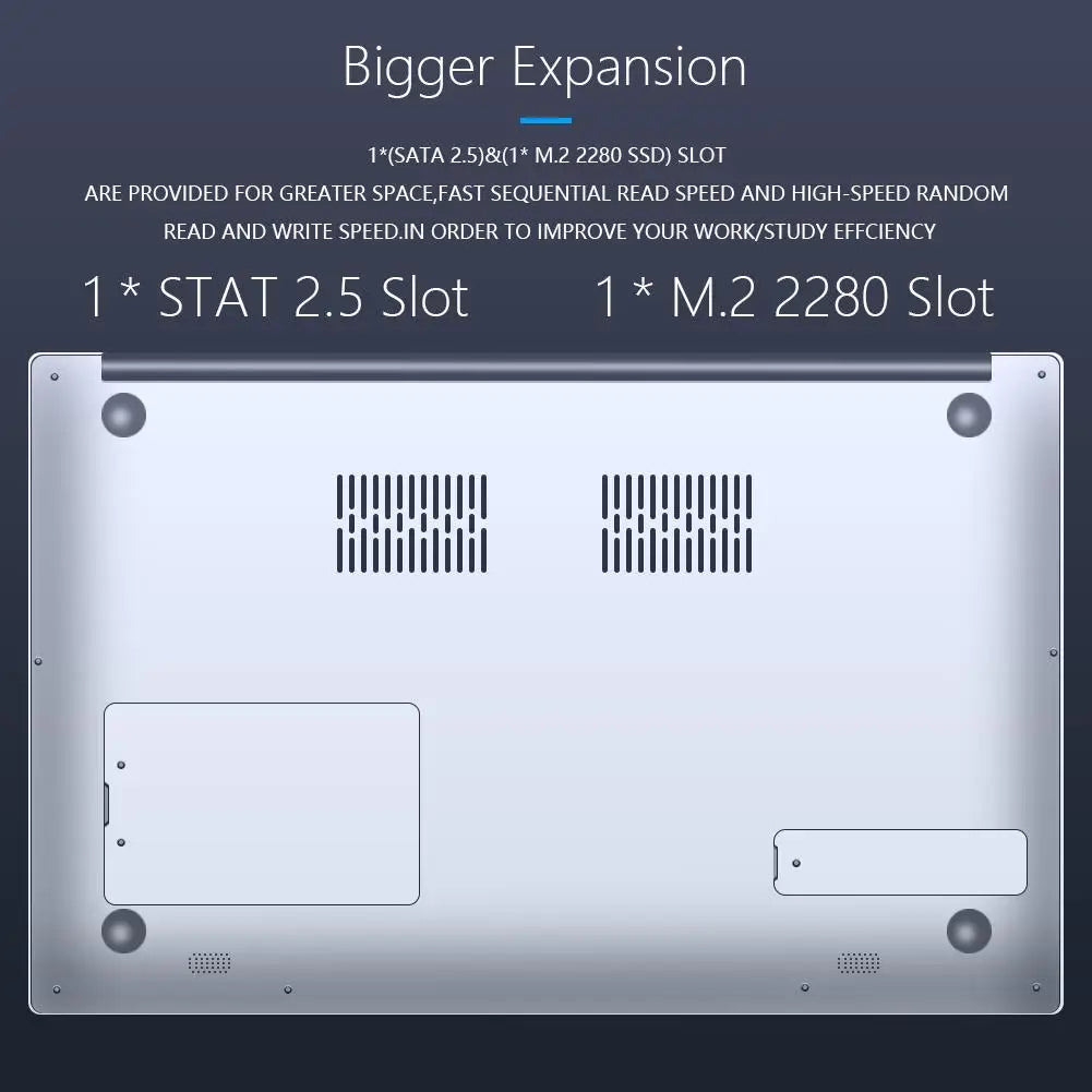 Bottom view of a laptop highlighting upgrade options, featuring a SATA 2.5 slot and an M.2 2280 slot for SSD expansion, with text promoting enhanced read and write speeds.