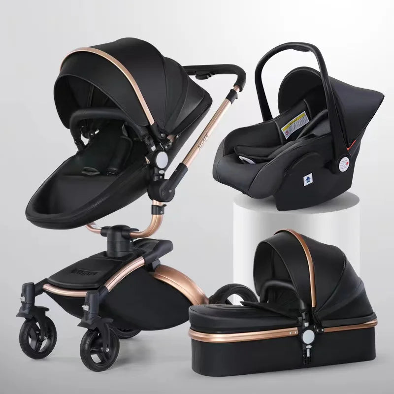 Modern black baby travel system with a stroller, car seat, and carrycot. All components feature a sleek design with gold accents, displayed on a white background.