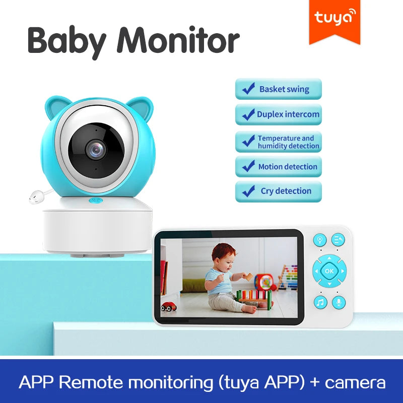 Blue baby monitor with camera and screen, featuring a bear-like design. Functions include basket swing, duplex intercom, temperature detection, motion and cry detection.