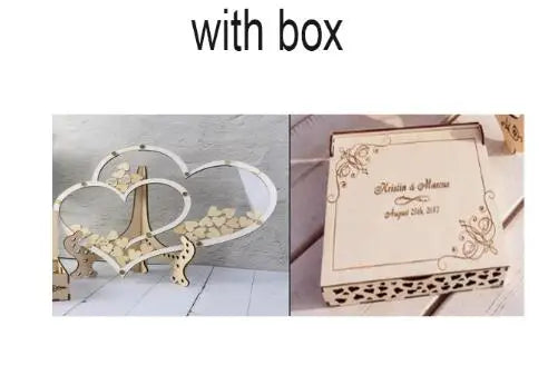 Wooden double heart decoration with small wooden pieces inside, paired with an engraved keepsake box featuring floral accents and custom names and date.