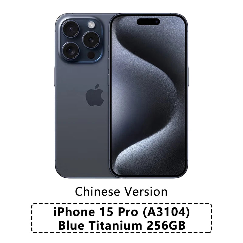 Blue iPhone 15 Pro, Chinese version, with 256GB storage. Shows front and back, highlighting three rear cameras and sleek titanium design. Model A3104.