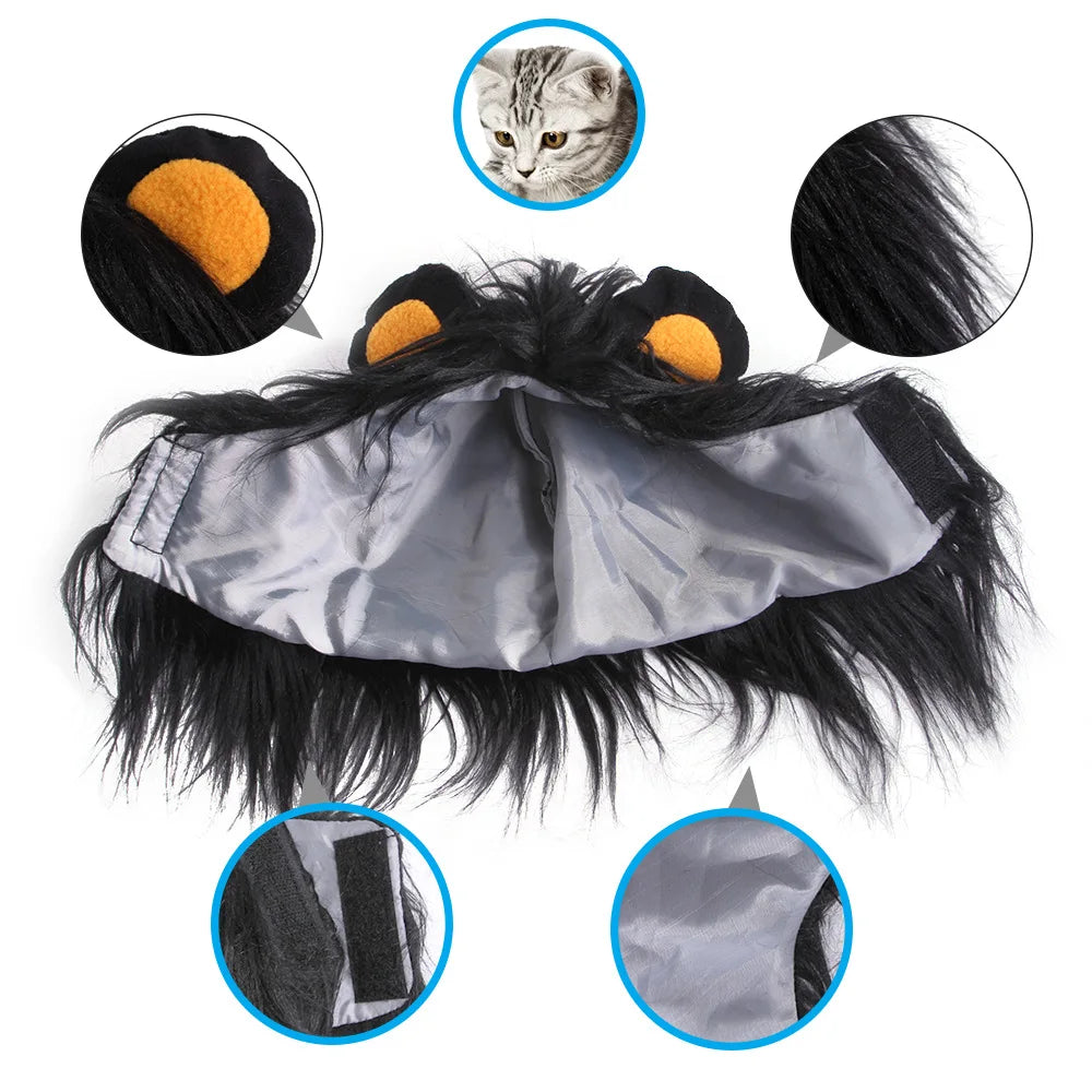 Black furry pet costume with orange ears, interior lining, and adjustable Velcro straps, shown in detail views. Circular insert shows a gray tabby cat face.