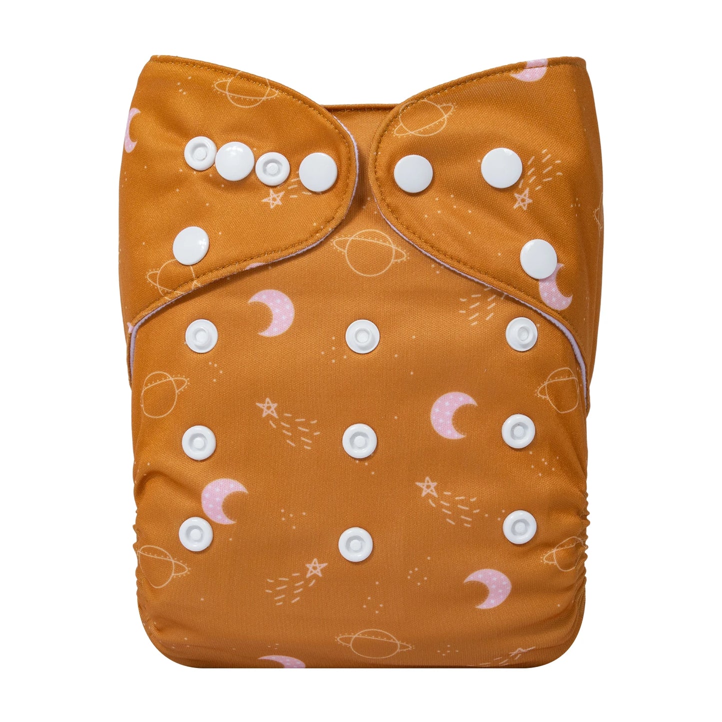 Cloth diaper with a brown background featuring white snaps and a cosmic design of moons, stars, and planets in soft pink and white hues.