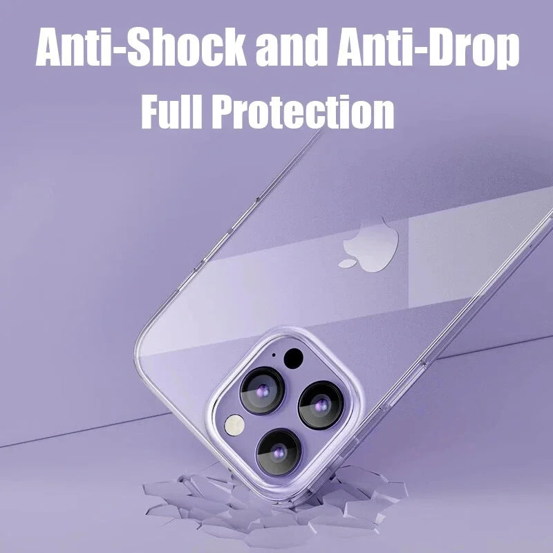 Clear phone case protects an iPhone with triple cameras, partially buried in shattered pieces. Text overlay reads, "Anti-Shock and Anti-Drop Full Protection" on a purple background.