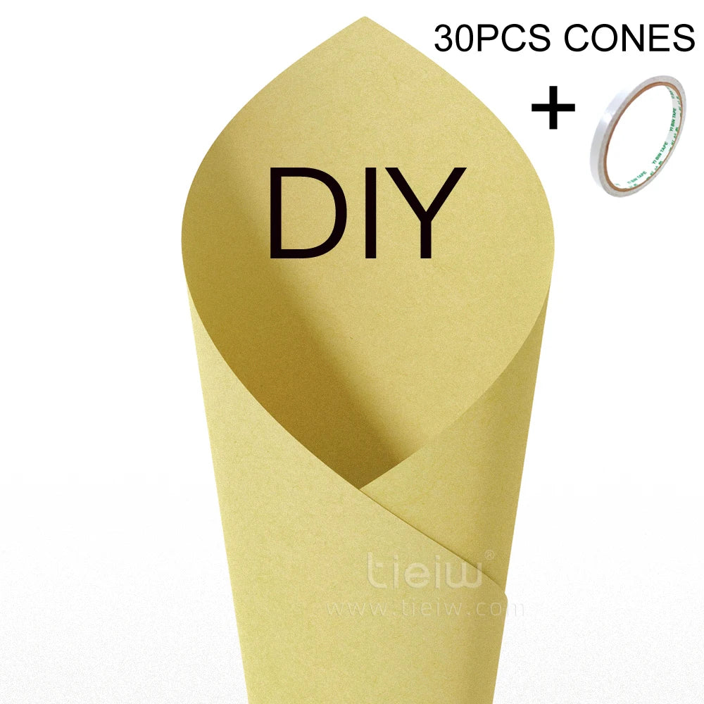 DIY craft kit with 30 beige paper cones and adhesive tape, ideal for various creative projects. Text reads "DIY" with "30PCS CONES +."