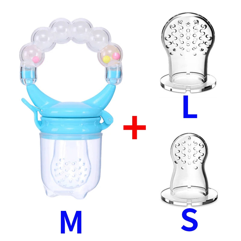 Baby food feeder with a blue handle and beaded toy top. Includes three silicone feeder tips in sizes S, M, and L, ideal for introducing solid foods safely.