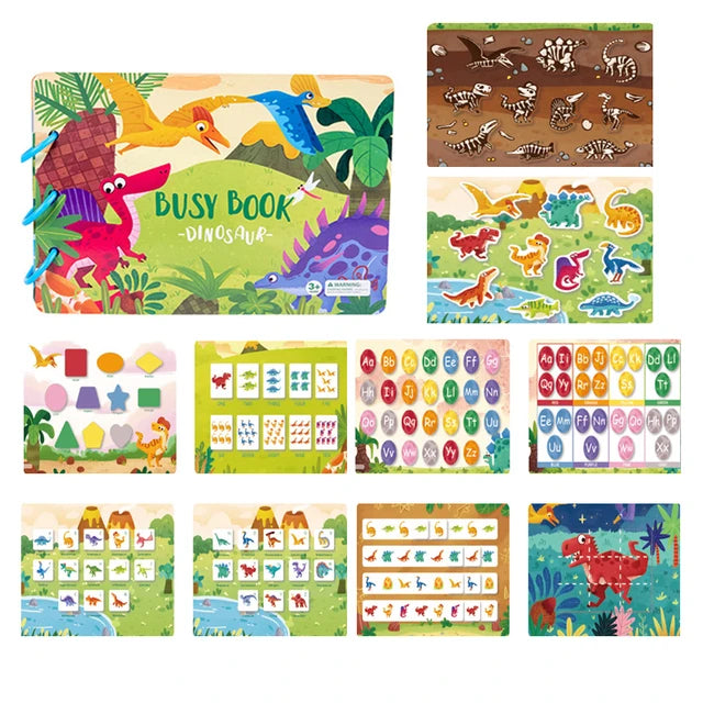 Colorful dinosaur-themed busy book for kids. Includes interactive pages with dinosaur stickers, shapes, alphabet, numbers, counting activities, and fossil puzzles.