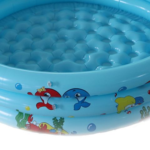 Inflatable blue kiddie pool with a textured interior floor. The outer wall features colorful sea animal illustrations, including a red crab, a blue fish, and green seaweed.