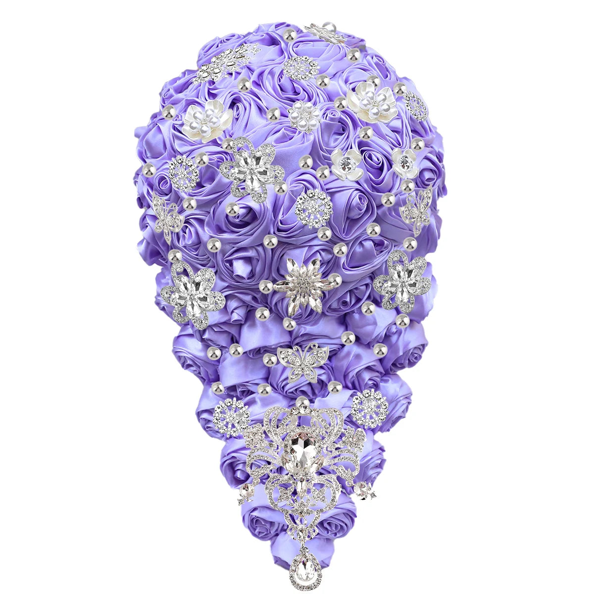 Lavender bouquet of satin roses adorned with silver rhinestone flowers and butterfly embellishments, creating an elegant, cascading design.