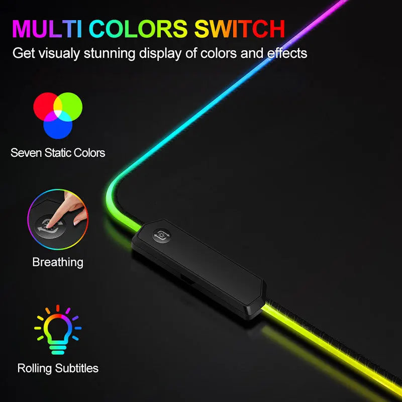 LED strip with multi-color switch options, including seven static colors, breathing effect, and rolling subtitles. Features a control button and vibrant neon lighting.