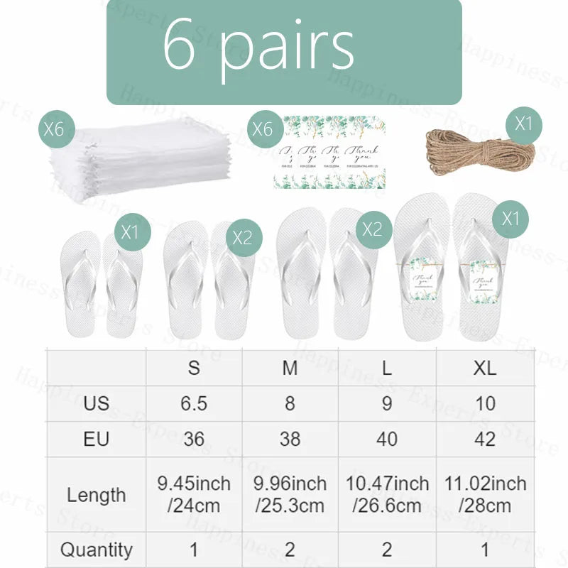 Image showing six pairs of white flip-flops in sizes S to XL, alongside packaging bags, thank you cards, and twine. Sizes and quantities listed below, suitable for weddings.