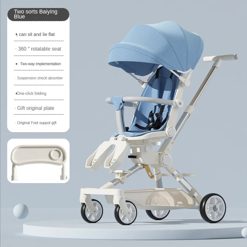 Blue and white baby stroller with a 360° rotatable seat, adjustable back, and canopy. Features include a one-click fold, shock absorbers, and a foot support.