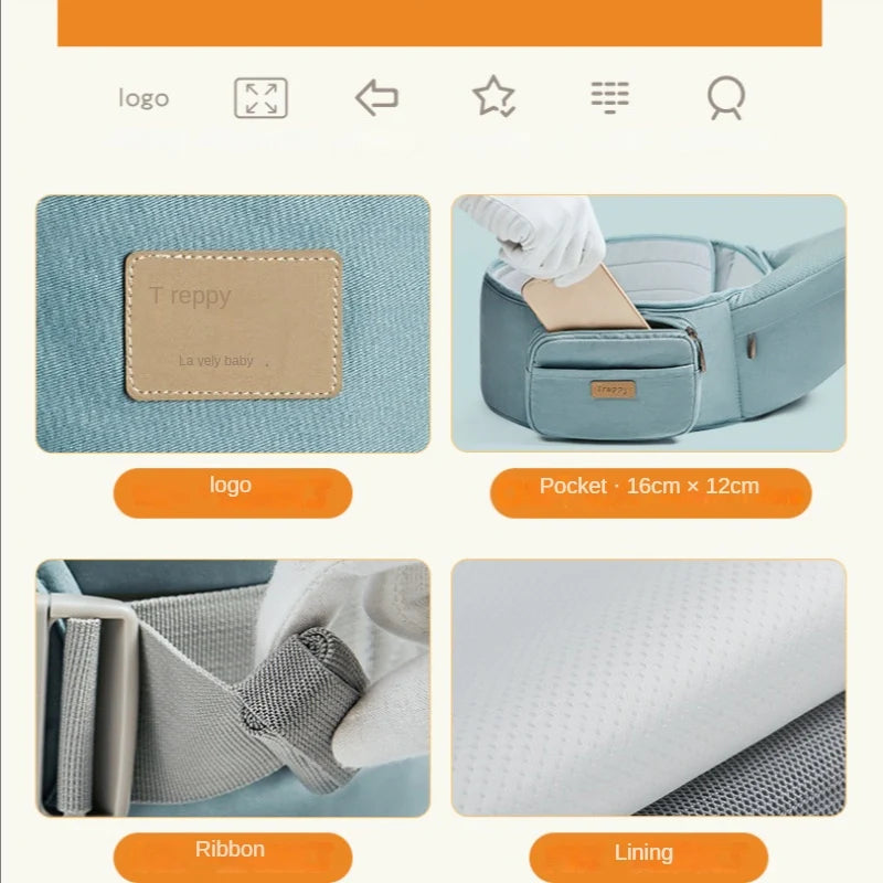 Detailed images of a baby carrier showing a logo patch, pocket size (16cm x 12cm), adjustable ribbon, and soft lining, all in a light blue fabric with orange labels.