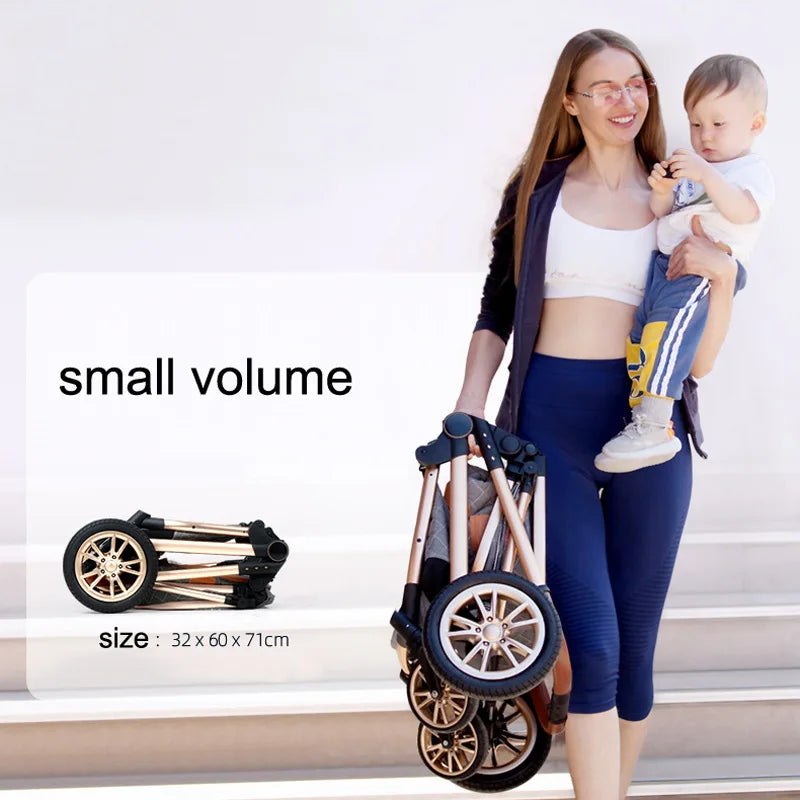 Woman holding a child and a compact folded stroller, showcasing its small size of 32x60x71 cm. The image emphasizes the stroller's portability and convenience.