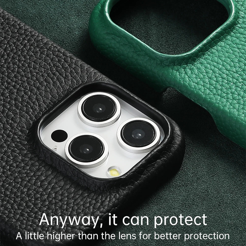 Close-up of black and green leather phone cases showcasing a raised edge around the camera area for better protection. Text reads, "Anyway, it can protect. A little higher than the lens for better protection."