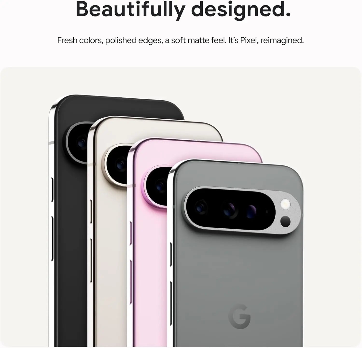 Four smartphones in black, beige, pink, and gray with sleek designs, polished edges, and prominent camera bars. Text above praises their elegant, reimagined look.