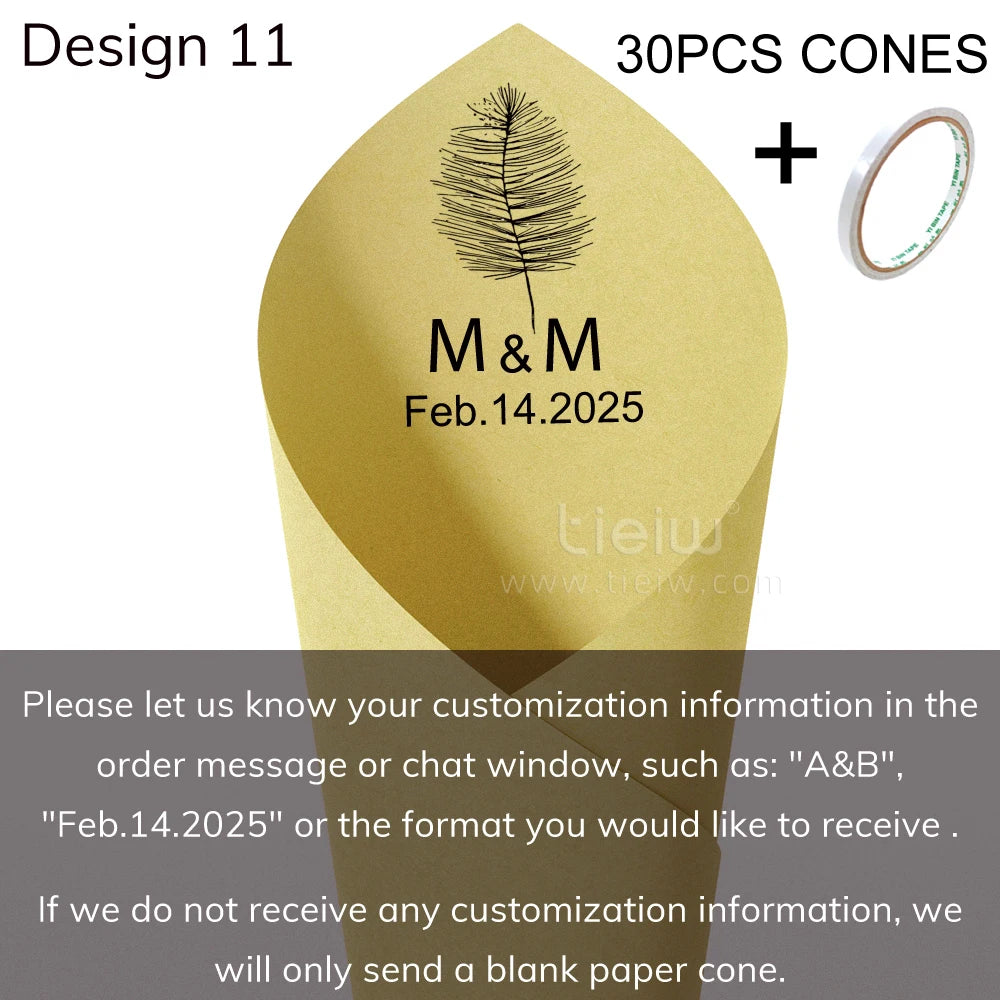 Customizable paper cone design featuring a tree illustration, "M & M," and "Feb. 14, 2025." Includes 30 cones and tape. Custom text option available via order message.