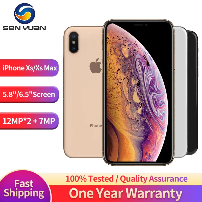 Alt text: iPhone Xs and Xs Max in gold, silver, and gray. Features include 5.8" and 6.5" screens, dual 12MP cameras, and a 7MP front camera, with fast shipping and a one-year warranty.