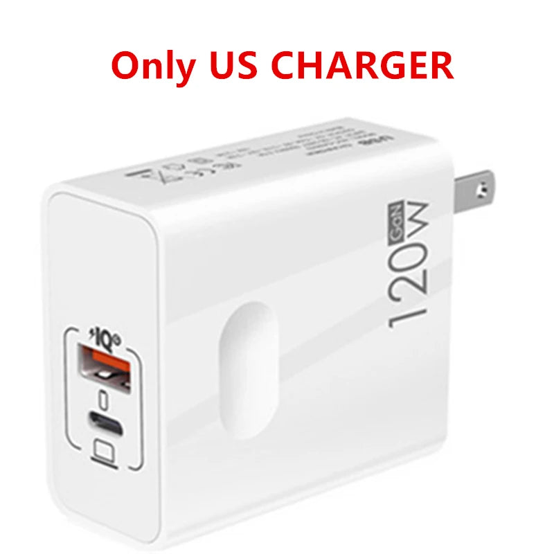 White 120W USB charger with two ports and US plug. Text above reads "Only US CHARGER" in red.