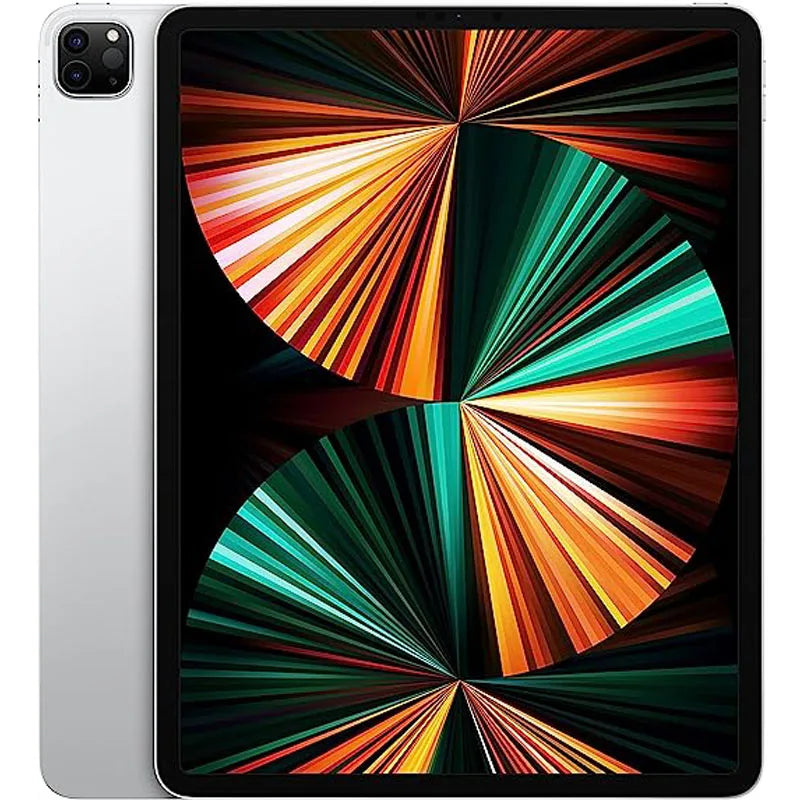 A tablet with a vibrant, multicolored geometric design on the screen is shown in front of a white background, highlighting its sleek, modern design and dual rear cameras.