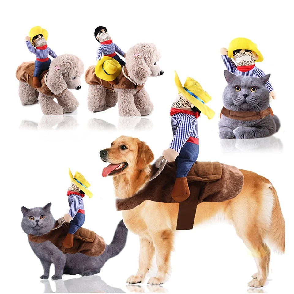 Cats and dogs in plush costumes featuring cowboys with yellow hats riding them. The animals look content and playful. The scene is humorous and imaginative.