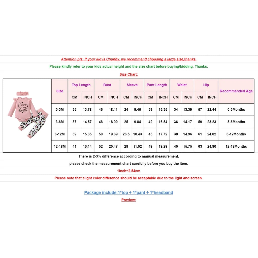 Baby clothing size chart with pink outfit image on the left, listing sizes 0-18 months. Includes top, pant, headband, measurements in CM/INCH, and recommended age.