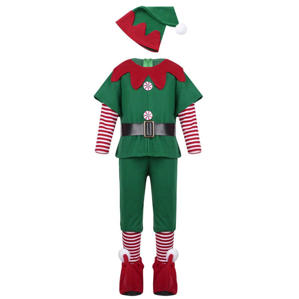 Green and red elf costume with candy buttons, striped sleeves, and a black belt. Includes matching green hat with red trim and red shoe covers, perfect for holiday festivities.