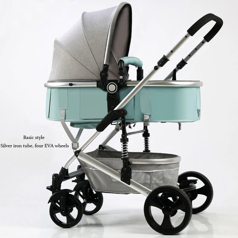 Silver-frame stroller with a light blue bassinet and grey canopy. Equipped with four black EVA wheels and a mesh storage basket beneath.