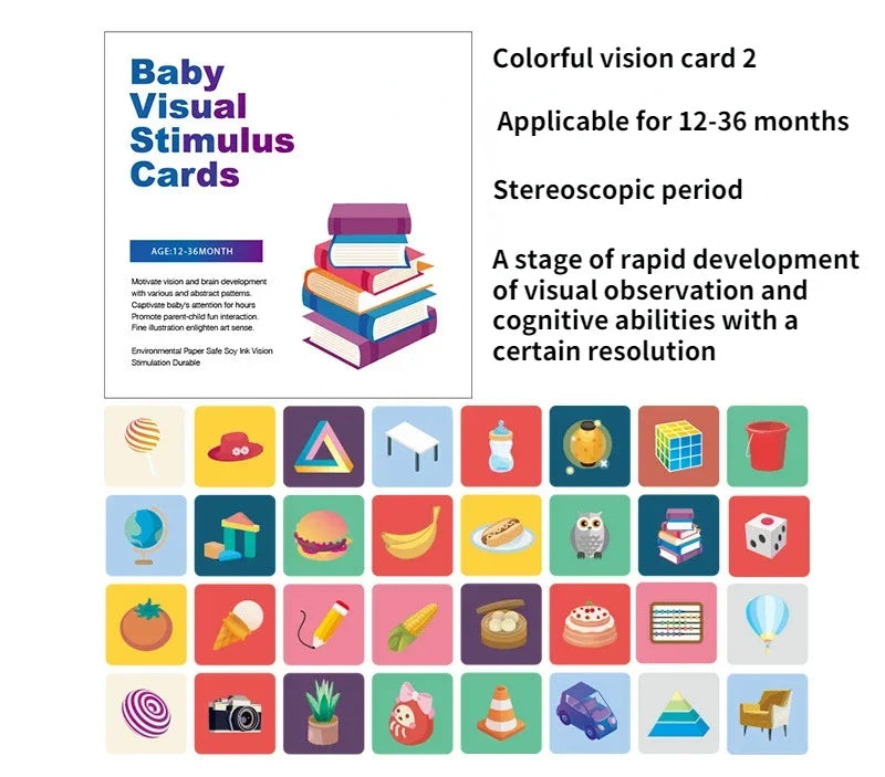 Baby Visual Stimulus Cards for ages 12-36 months, featuring colorful images like books, foods, and toys to aid in visual and cognitive development.