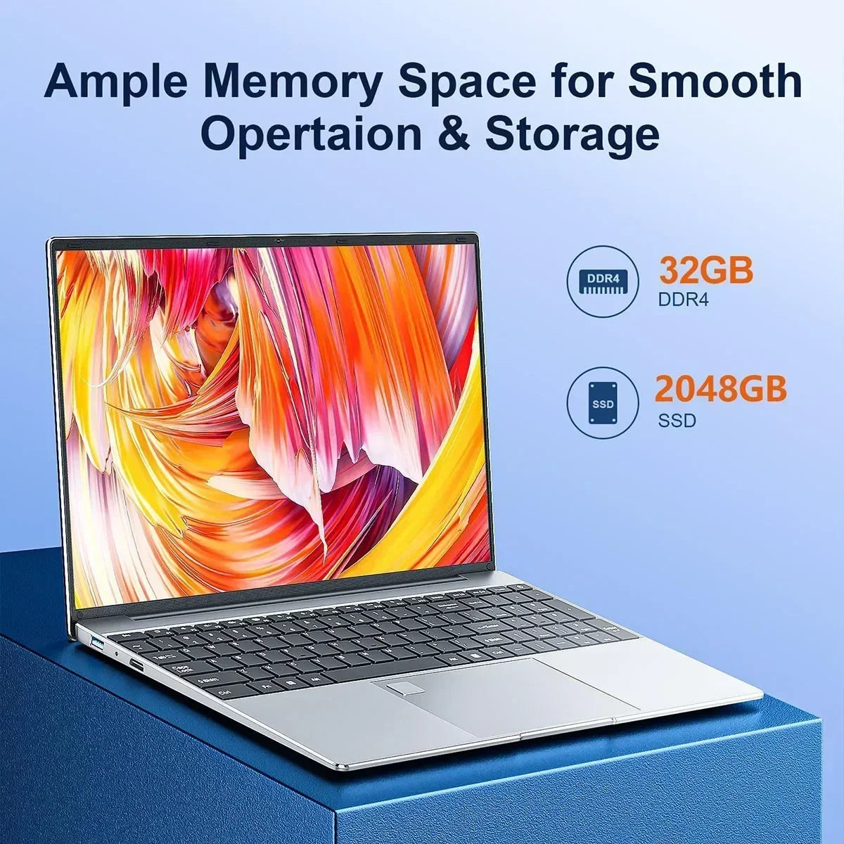 Silver laptop with vibrant abstract screen on a blue stand. Text reads "Ample Memory Space for Smooth Operation & Storage," highlighting 32GB DDR4 RAM and 2048GB SSD.