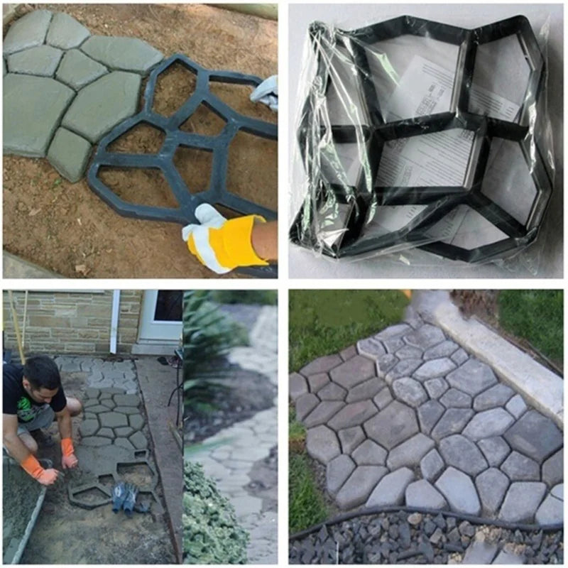 A four-image collage showing the process of creating a stone walkway. Includes a plastic mold, concrete poured into the mold, and finished paths with a stone-like appearance.