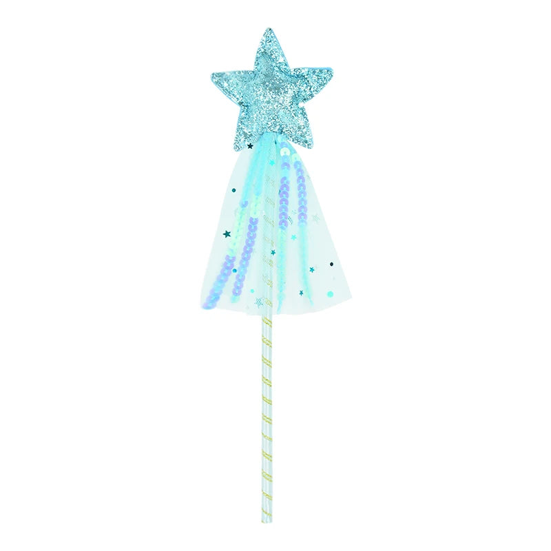 A glittery blue star wand with a striped handle and translucent fabric adorned with sequins and tiny stars, creating a whimsical effect.