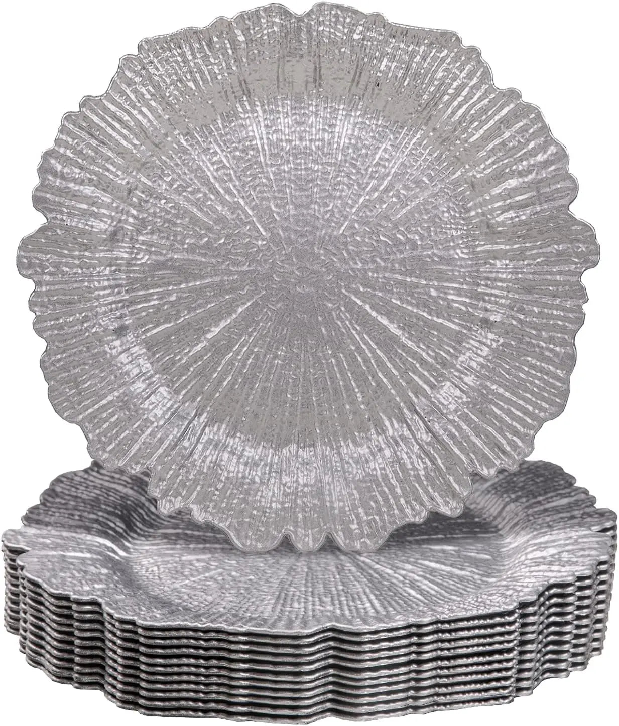 Set of silver textured charger plates with a wavy, radial design resembling a sunburst or shell. The stack shows consistent craftsmanship, ideal for elegant table settings.