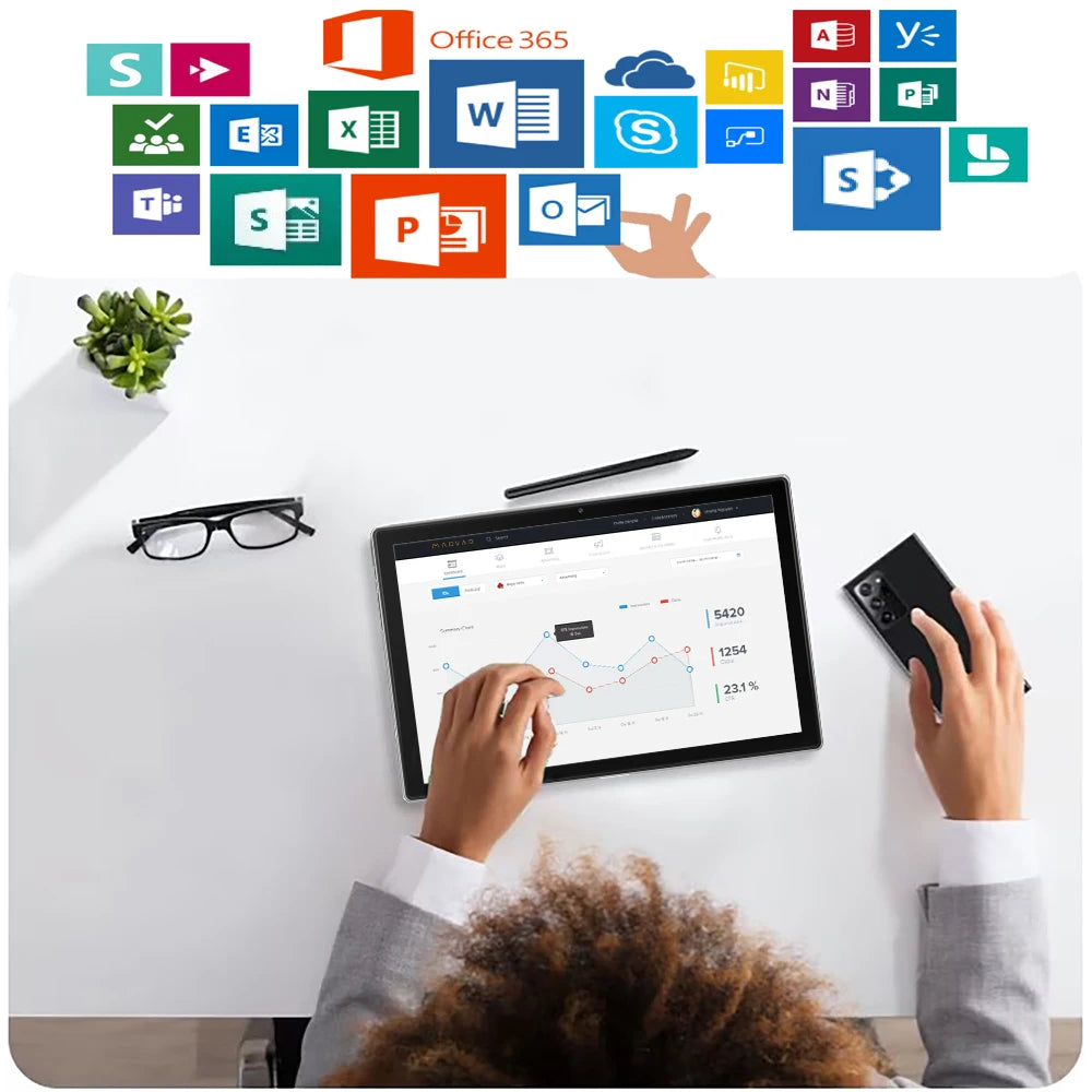 Person at a desk using a tablet displaying analytics. Various Office 365 app icons are above, including Word, Excel, and PowerPoint. Nearby are glasses, a phone, and a pen.